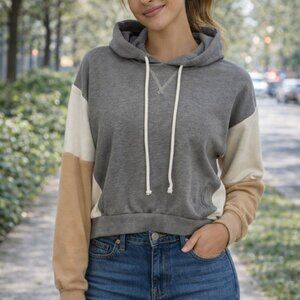 Abercrombie & Fitch Color Block Hoodie Sweatshirt Soft A&F Neutral Grey Tan Crop